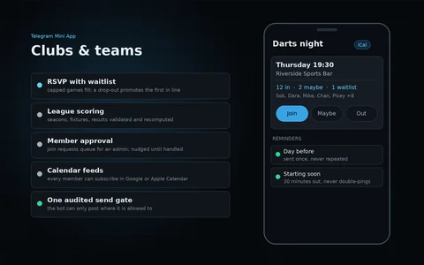 Automaton Clubs game card with Join, Maybe and Out buttons, RSVP counts and reminders