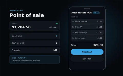 Automaton POS mini app showing an open tab with items, total and a checkout button